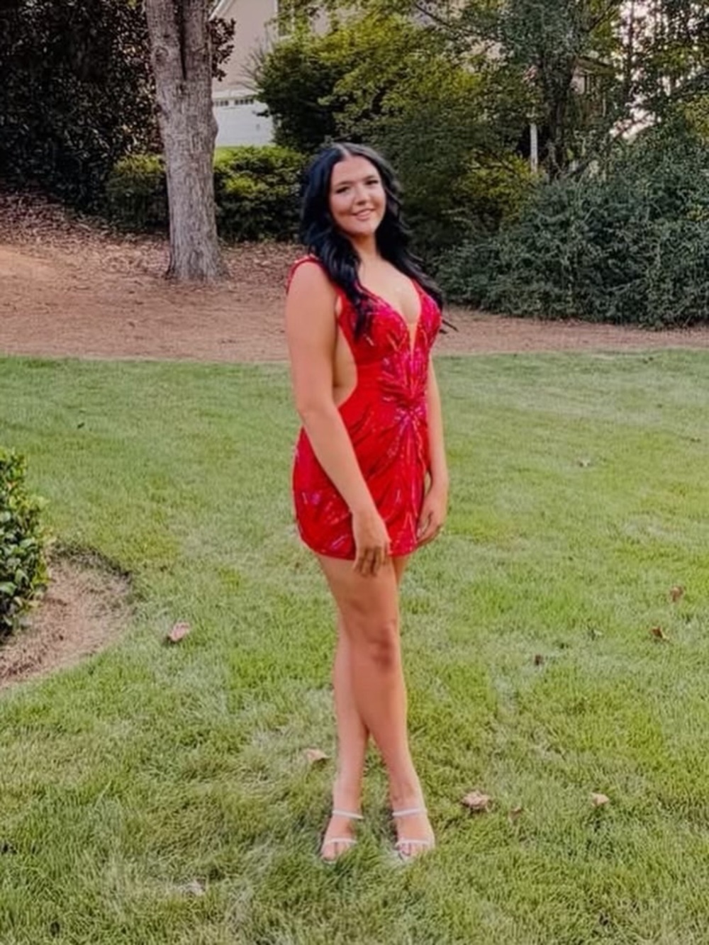 Red and Pink Sequined V-Neck Ashley Lauren Formal Dress worn for 2 hours